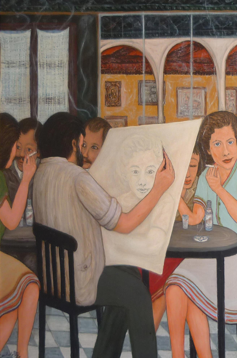 Artista dibujando a una persona en el bar repleto